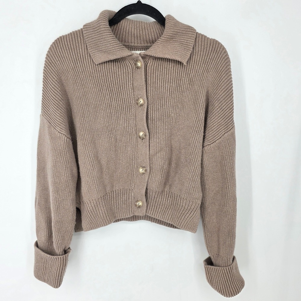 Abercrombie & Fitch Womens Taupe Brown Ribbed Collared Button Cardigan Sweater S